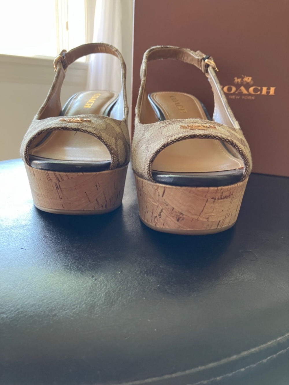 NEARLY NEW Coach Logo Cork Peep Toe Wedge - Picture 8 of 14